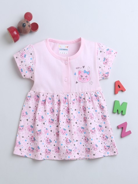 BUMZEE Baby Pink Girls Half Sleeves Cotton Frock