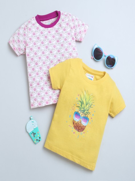 BUMZEE Pink & Yellow Girls Half Sleeves T-Shirts Pack Of 2