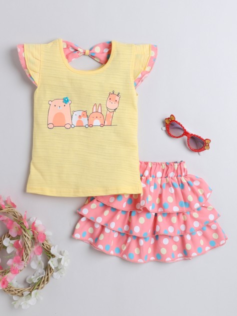 BUMZEE Yellow & Pink Girls Cap Sleeves Top & Skirt Set