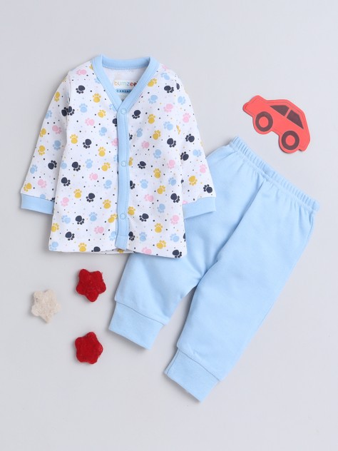 BUMZEE White & Blue Baby Girls Full Sleeves Jabla & Pyjama Set