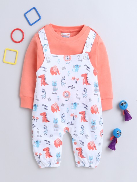 BUMZEE White & Orange Baby Girls Full Sleeves Cotton Dungaree Set