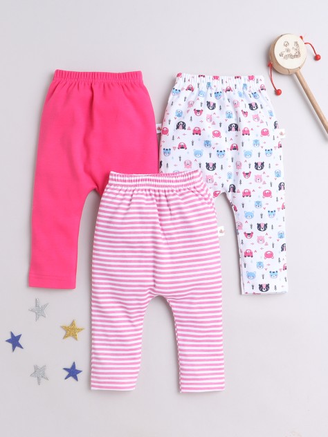 BUMZEE Dark Pink & White Baby Girls Diaper Pants - Leggings - Pyjamas Pack Of 3