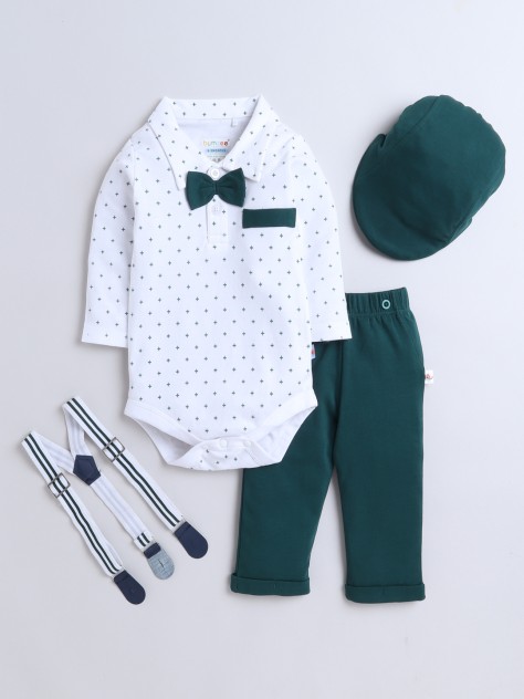 BUMZEE Bottle Green & White Boys Full Sleeves Cotton Bodysuit Pant Set With Suspender & Cap