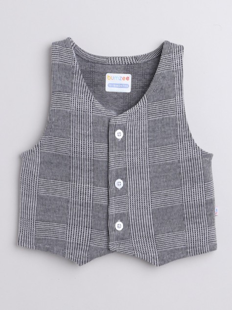 BUMZEE Grey & White Boys Full Sleeves Shirt Waistcoat & Pant Set With Applique Bow