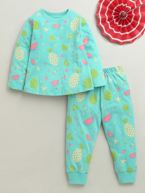 BUMZEE Turquoise Girls Full Sleeves Cotton T-Shirt & Pyjama Set