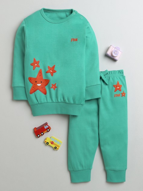 BUMZEE Green Boys Full Sleeves Cotton Sweatshirt & Jogger Set