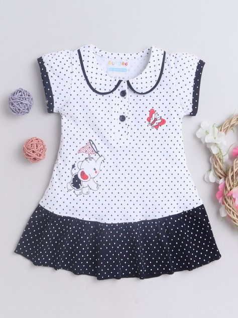 BUMZEE White & Navy Girls Cap Sleeves Cotton Frock