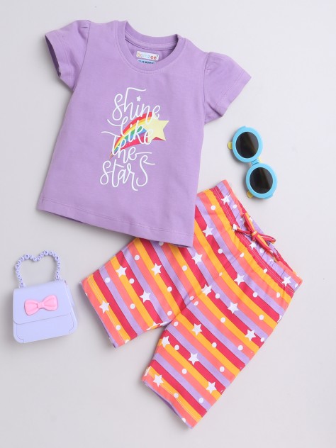 BUMZEE Lavender & Orange Girls Cap Sleeves T-Shirt & Capri Set