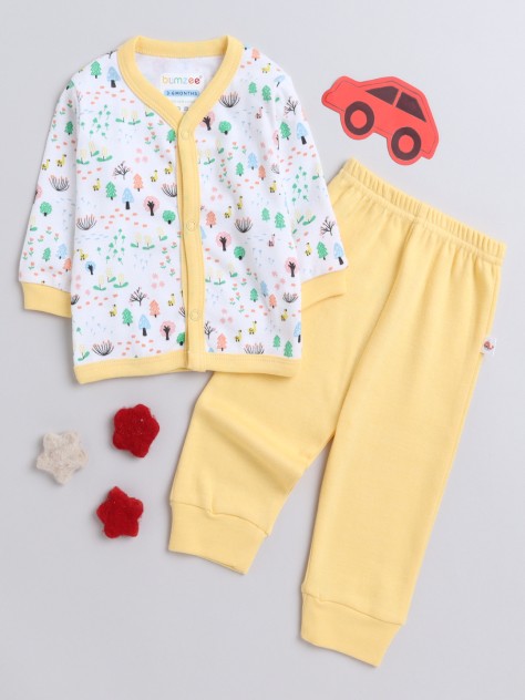 BUMZEE White & Yellow Baby Girls Full Sleeves Jabla & Pyjama Set