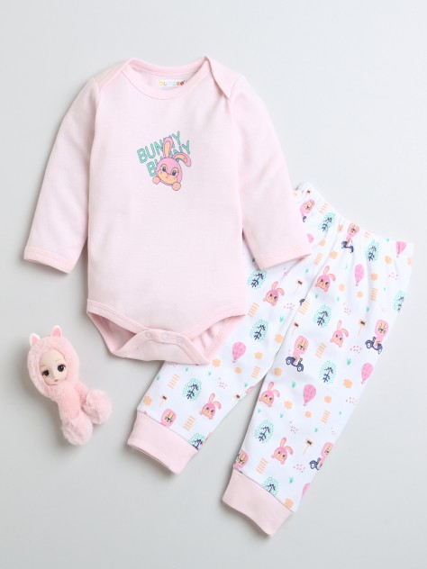 BUMZEE White & Pink Girls Full Sleeves Cotton Bodysuit & Pyjama Set