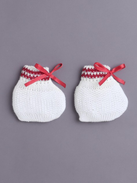 BUMZEE White & Maroon Baby Boys Full Sleeves Acrylic Blend Sweater With Cap & Socks