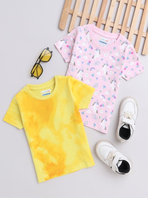 BUMZEE Pink & Yellow Girls Half Sleeves T-Shirts Pack Of 2