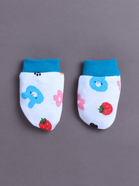 BUMZEE White & Blue Boys Cotton Cap Mitten Bootie Set