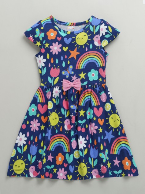 BUMZEE Navy Girls Cap Sleeves Cotton Knee Length Frock