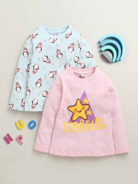 BUMZEE Baby Pink & Sky Blue Girls Full Sleeves Cotton T-Shirts Pack Of 2