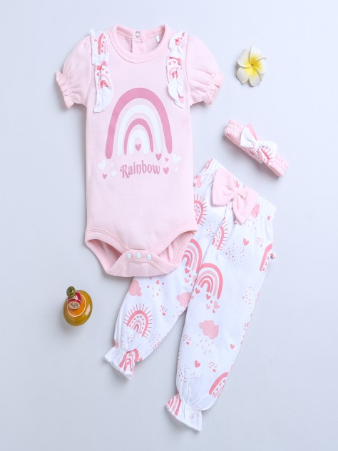 BUMZEE Pink & White Girls Half Sleeves Bodysuit & Jogger Set With Headband