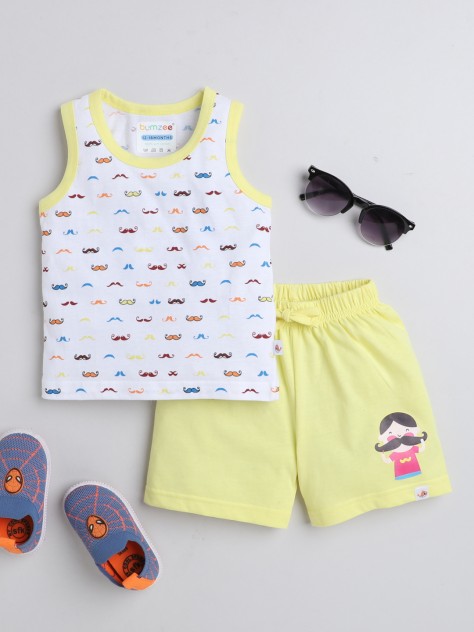 BUMZEE White & Yellow Boys Sleeveless T-Shirt & Short Set