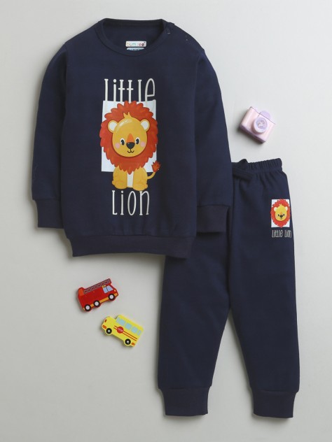 BUMZEE Navy Boys Full Sleeves Cotton Sweatshirt & Jogger Set