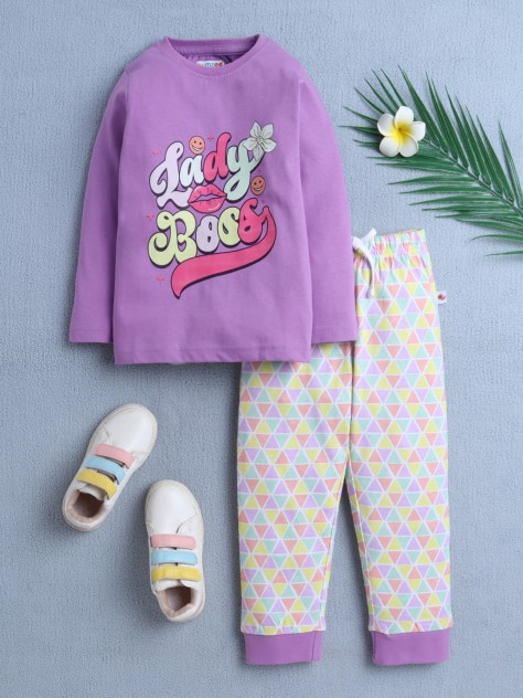 BUMZEE Lavender & Mutli Girls Full Sleeves T-Shirt & Pyjama Set
