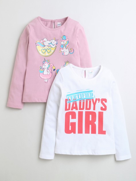 BUMZEE White & Lavender Girls Full Sleeves T-Shirts Pack Of 2