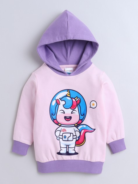 BUMZEE Pink & Purple Girls  Full Sleeves Cotton Hooded Sweatshirt