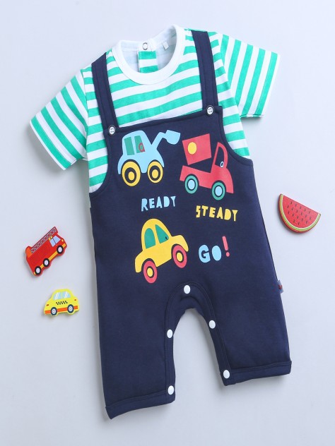 BUMZEE Green & Navy Boys Half Sleeves Thigh Length Romper