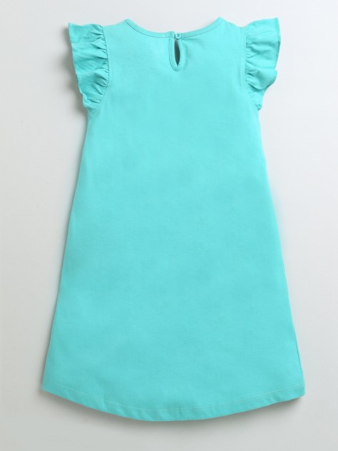 BUMZEE Turquoise Green Girls Frill Sleeves Cotton Nighty