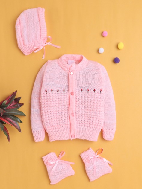 BUMZEE Pink Baby Girls Full Sleeves Acrylic Blend Sweater With Cap & Socks