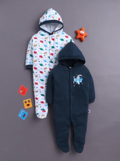 BUMZEE Navy & White Baby Boys Full Sleeves Hooded Sleepsuit Pack Of 2