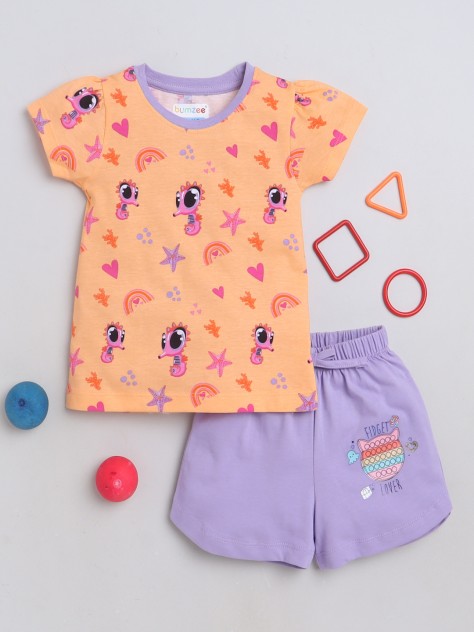 BUMZEE Orange & Purple Girls Cap Sleeves Top & Short Set