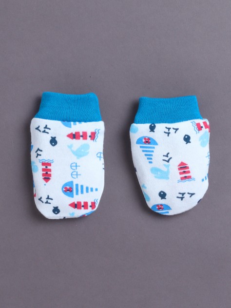 BUMZEE White & Blue Boys Cotton Cap Mitten Bootie Set