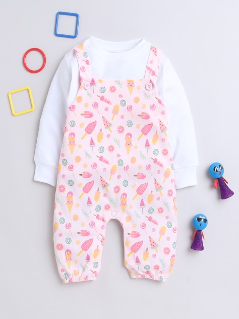 BUMZEE Pink & White Baby Girls Full Sleeves Cotton Dungaree Set