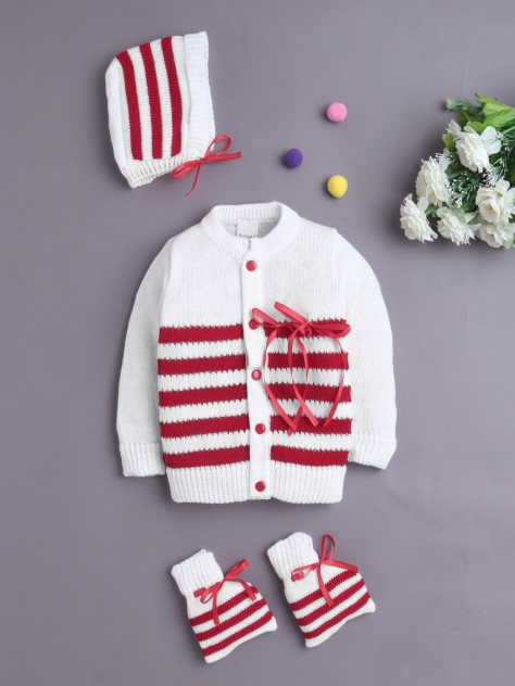 BUMZEE White & Maroon Baby Boys Full Sleeves Acrylic Blend Sweater With Cap & Socks