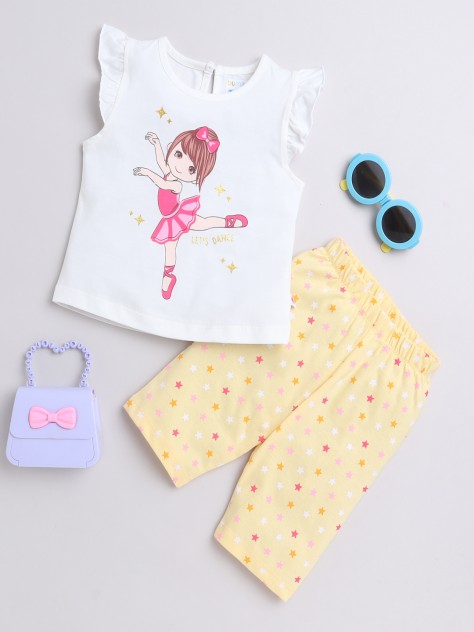 BUMZEE Off White & Yellow Girls Sleeveless T-Shirt & Capri Set