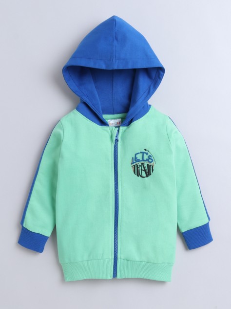 BUMZEE Green & Blue Boys Full Sleeves Cotton Hooded Zipper Sweatshirt