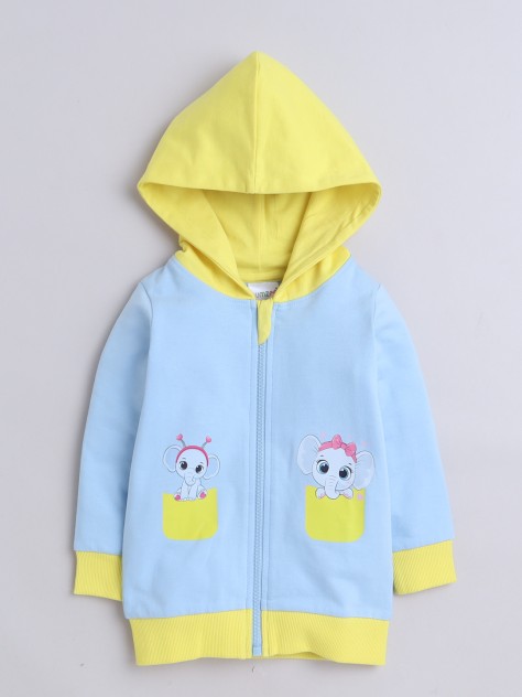 BUMZEE Sky Blue & Yellow Girls  Full Sleeves Cotton Hooded Zipper Sweatshirt