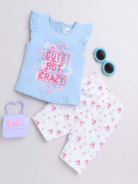 BUMZEE Blue & White Girls Sleeveless T-Shirt & Capri Set