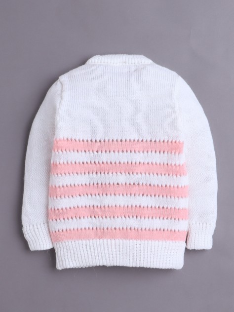 BUMZEE White & Pink Baby Girls Full Sleeves Acrylic Blend Sweater With Cap & Socks