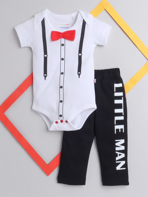 BUMZEE White & Black Boys Half Sleeves Bodysuit & Pyjama Set