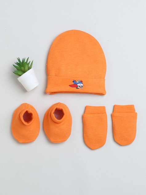 BUMZEE Orange Girls Cotton Cap Mitten Bootie Set