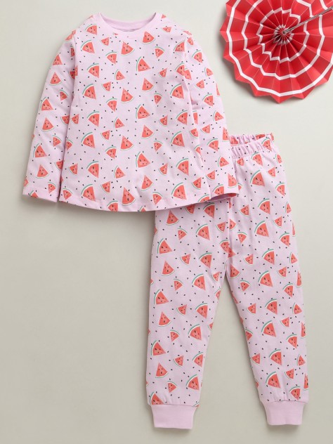 BUMZEE Pink Girls Full Sleeves Cotton T-Shirt & Pyjama Set