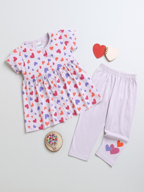 BUMZEE Lilac Girls Cap Sleeves Cotton Frock & Legging Set