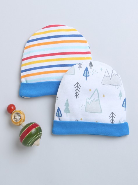 BUMZEE Blue & White Baby Boys Round Cap Pack Of 2