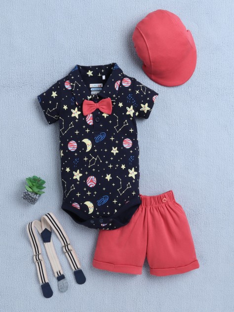 BUMZEE Navy & Red Boys Half Sleeves Bodysuit & Short Set With Bow Suspender & Cap