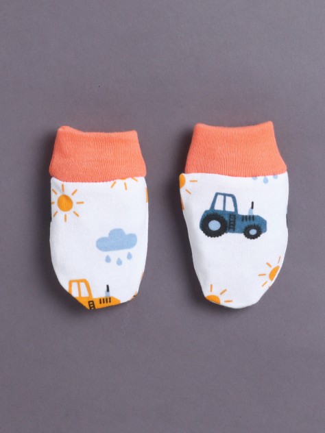 BUMZEE White & Orange Boys Cotton Cap Mitten Bootie Set