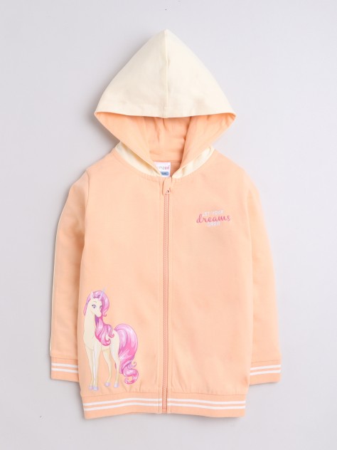 BUMZEE Peach Girls Full Sleeves Cotton Hooded Zipper Sweatshirt