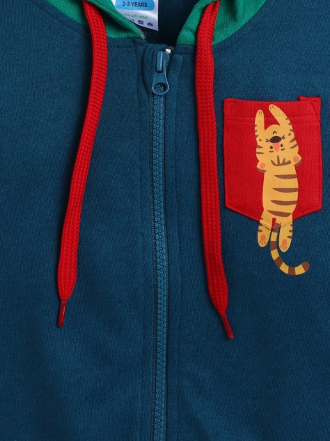 BUMZEE Blue Boys Full Sleeves Cotton Hooded Zipper Sweatshirt