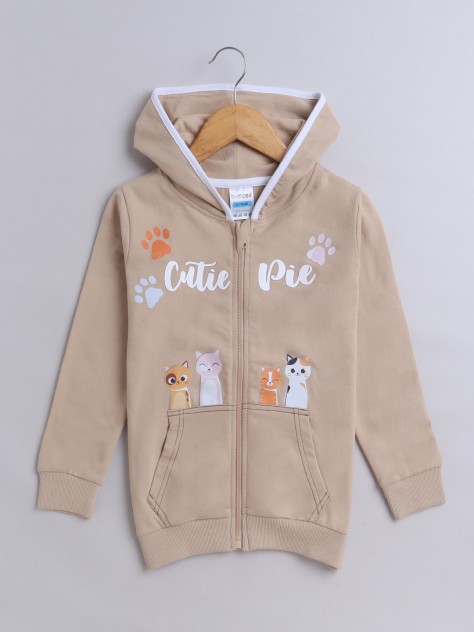 BUMZEE Beige Girls  Full Sleeves Cotton Hooded Zipper Sweatshirt