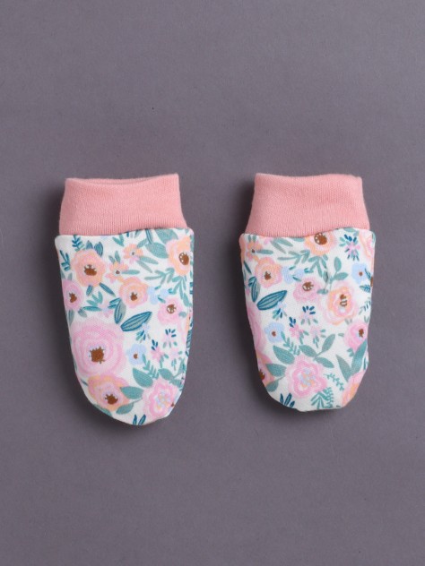 BUMZEE Beige & Peach Girls Cotton Cap Mitten Bootie Set