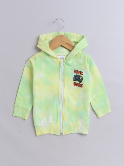 BUMZEE Yellow & Green Boys Full Sleeves Cotton Hooded Zipper Sweatshirt